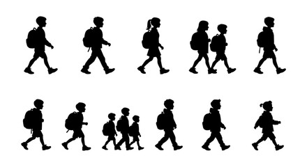 Obraz premium School children silhouettes with backpacks walking to class, set of student vector figures, black silhouettes of kids going to school