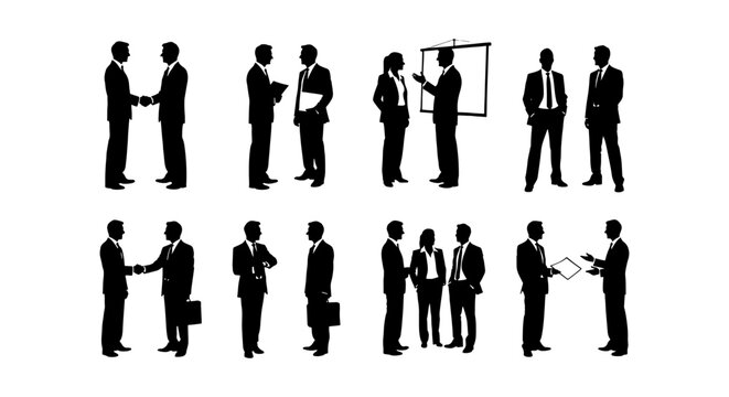Professional business people silhouettes set, corporate team meeting and handshake icons, office workers in formal suits vector collection