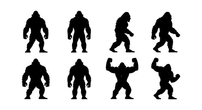Bigfoot silhouette collection, 8 mythical sasquatch vector icons, black yeti creature shapes, legendary forest monster silhouettes for outdoor branding