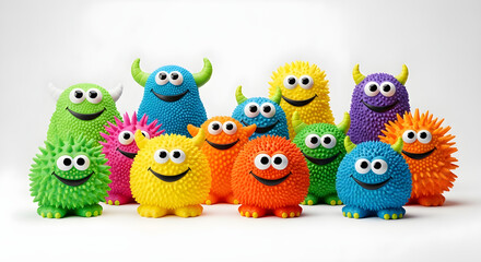 Fototapeta premium Group of colorful cute spiky monster toys isolated on white background