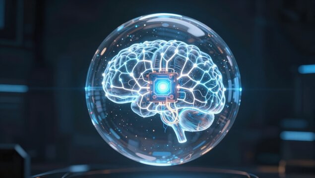 Futuristic Digital Brain Inside Glass Sphere with Neural Connections