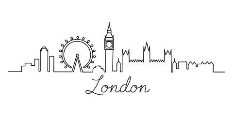 A continuous line drawing illustration of the iconic london city skyline with major landmarks Vector, illustration © Vector Line Drawing