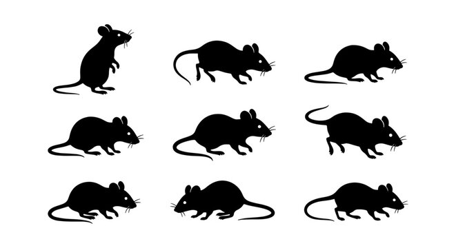 Black rat silhouettes in various poses, set of 9 mouse vector icons, rodent animal shapes for pest control and wildlife design