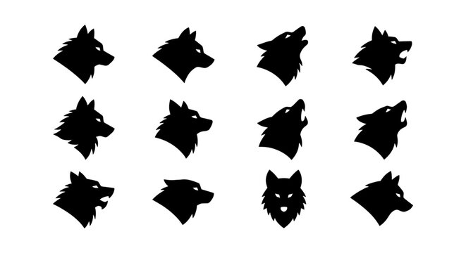 Wolf head silhouette set, 12 black wolf icons in profile and howling poses, minimalist predator animal vector collection for logo design