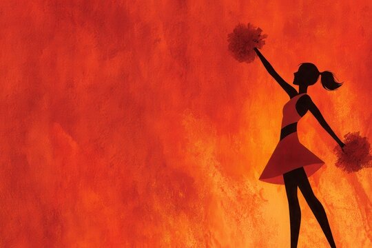 Cheerleader Silhouette with Pom Poms Against a Vibrant Orange Background