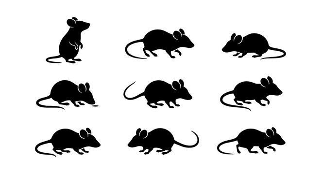 Black mouse silhouette collection, set of 9 rodent vector icons, minimalist rat animal shapes in various poses, pest control and wildlife graphics