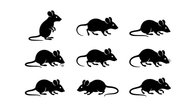 Black mouse silhouette collection, set of 9 rodent icons in various poses, minimalist rat vector graphics for pest control and wildlife design
