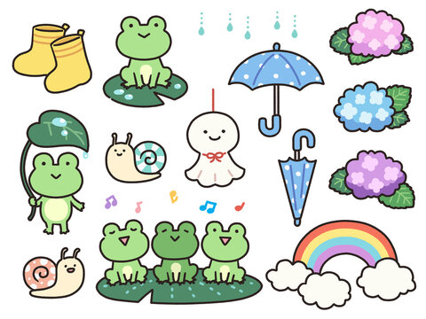 梅雨の雨とカエルとカタツムリのかわいい手描きイラストセット