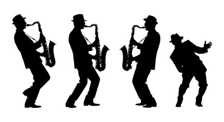 Jazz musician silhouette vector set, saxophone player performing in fedora hat, black musical artist silhouettes for concert posters and event design © Sourov