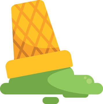 Bright cartoon illustration of a spilled green ice cream with cone upside down on white background