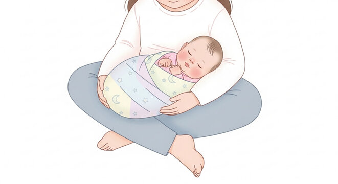 Woman sitting cross legged holding and cradling a swaddled sleeping newborn baby close to her chest