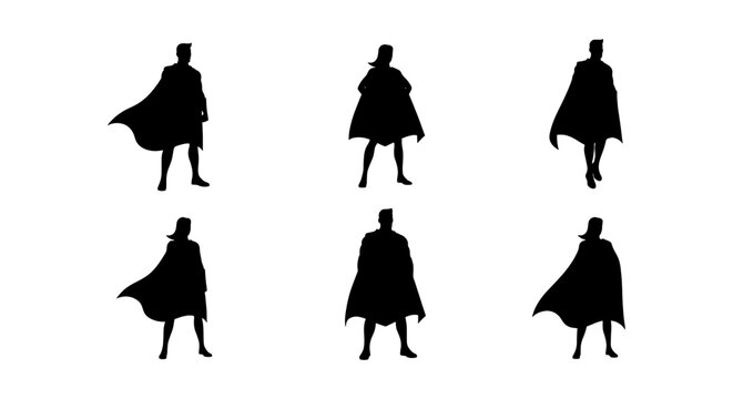 Superhero silhouette collection, set of 6 heroic male and female characters with capes, black vector figures in powerful standing poses