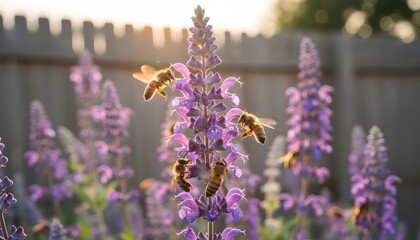 Naklejka premium Honey bees at peak activity pollinating purple salvia flowers in a golden sunset garden, representing a bee-friendly plants concept for biodiversity and environmental health