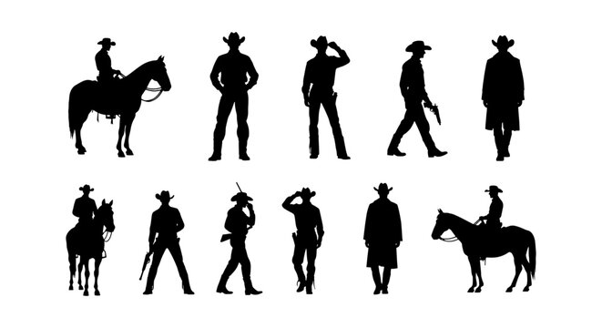 Wild West cowboy silhouettes set, 11 western gunfighter and horse rider vector elements, black outlaw and sheriff figures for ranch and frontier designs