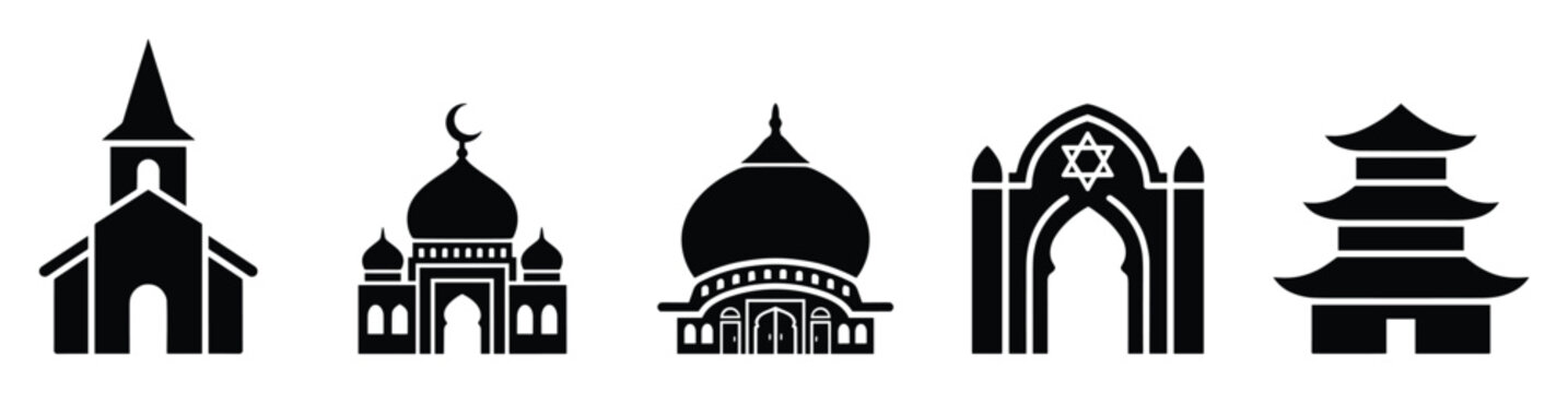 Collection of universal religious building icons including church, mosque, synagogue, and pagoda symbols for representing global faiths and spiritual diversity in educational resources.