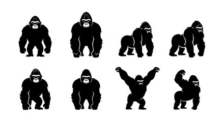 Gorilla silhouette vector set, black silverback ape icons in various poses, 8 primate mascot elements for sports logos and wildlife branding © Jim