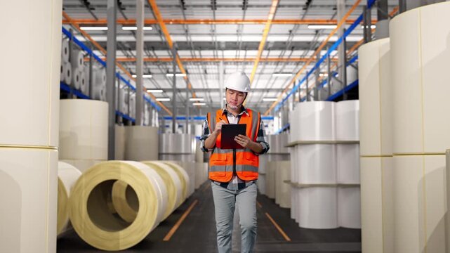 Front View of Asian Male Engineer Taking Note on Tablet While Walking at Warehouse with Rows of Stacked White Polymer and Paper Rolls
