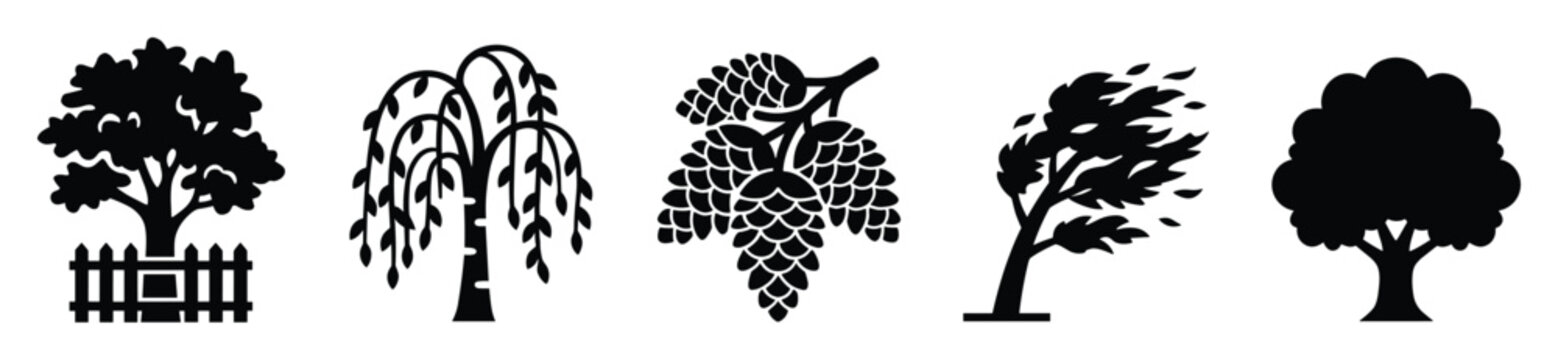 Collection of stylized black tree silhouettes including weeping willow, hops, and windblown trees perfect for nature themed logos, park signage, or environmental conservation graphics