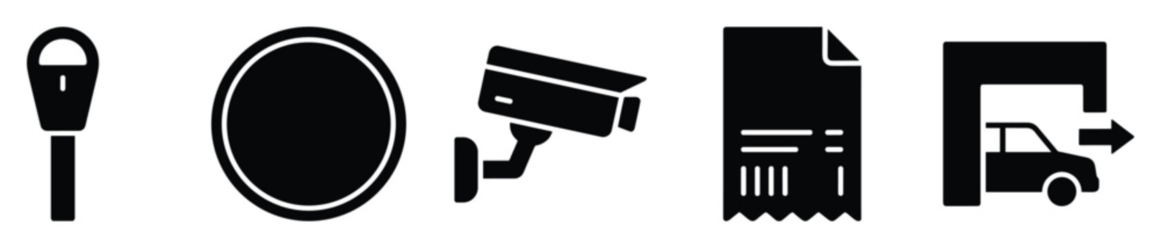 Comprehensive set of black glyph icons representing urban parking, traffic signs, surveillance, payment, and vehicle exit systems for various digital and print applications.