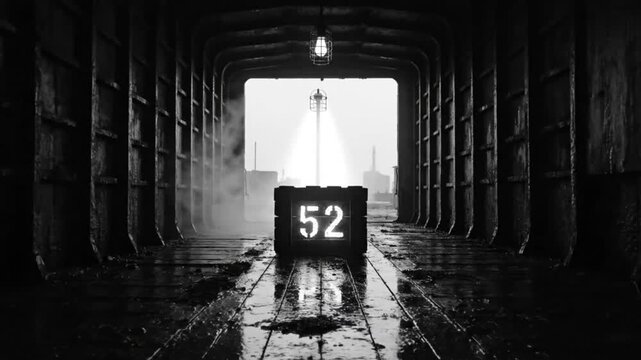 Mysterious Number 52 Lit Up on a Crate Inside a Dark Industrial Tunnel with Fog in Monochrome