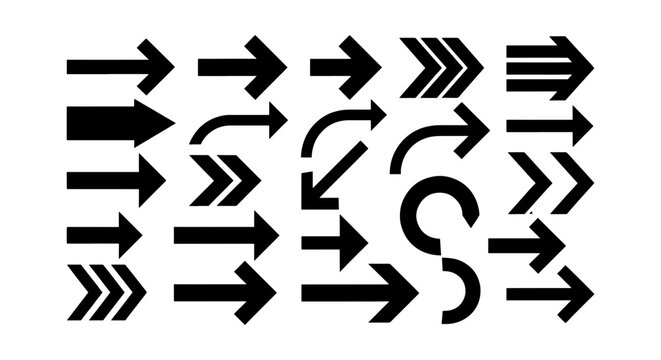 Black arrow icon set with 24 vector elements, minimalist directional pointers for navigation, flat graphic symbols for web design and infographics