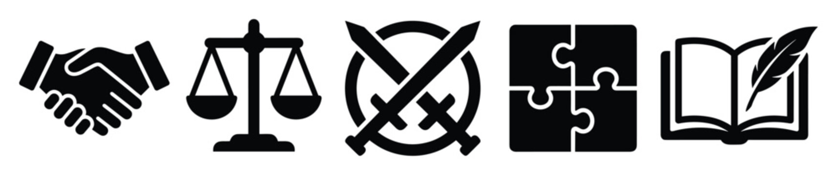 Versatile set of modern black icons symbolizing key societal concepts like partnership law strategy solutions and wisdom suitable for various professional and informational presentations