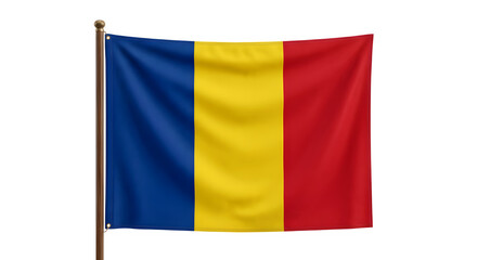Obraz premium A realistic 3D render of the Romanian national flag, featuring vertical stripes of blue, yellow, and red, waving slightly on a wooden flagpole against a transparent background.