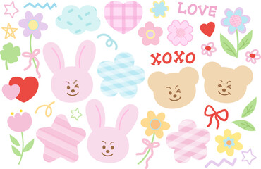 Cute pastel vector illustrations of bunny, teddy bear, flowers, cloud, heart, star for pet shop, zoo, stickers, cartoon, characters, comic, mascot, standee, blossom, animal happy expression, easter  © PPCREATIVES