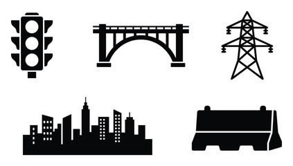 Obraz premium Set of essential city infrastructure and transportation icons, including a traffic light, arch bridge, power transmission tower, urban skyline, and concrete road barrier, suitable for