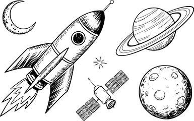 Hand-drawn space rocket, planets, moon, satellite, and star white background © Abdul