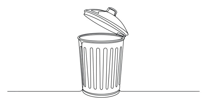 Continuous line drawing of an open trash can, perfect for environmental awareness campaigns, waste management presentations, or a minimalist icon for digital apps.