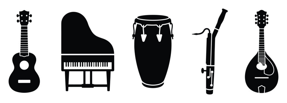 Musical instruments silhouettes featuring string, keyboard, woodwind, and percussion instruments for music school promotions, concert announcements, or educational resource visuals