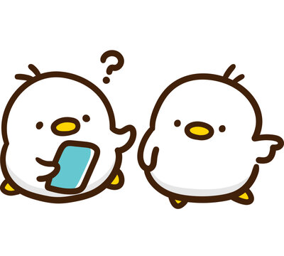 スマホの地図が読めずに道案内を頼む白い鳥のキャラクターのデフォルメイラスト