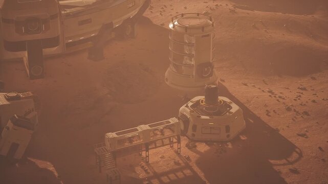 Mars colony showcases advanced habitat and support structures in a dusty landscape. The environment reflects the challenges of human life on another planet.