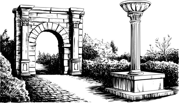 Ornate roman archway and fluted column with cobblestone path and lush foliage classical