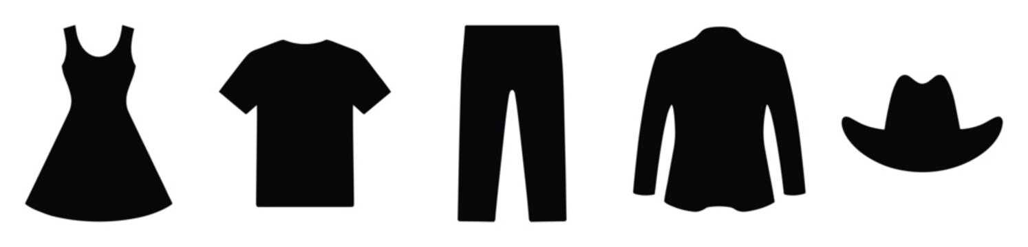 Collection of essential clothing item silhouettes including a dress, tshirt, pants, long sleeve top, and a hat, perfect for fashion related ecommerce platforms and graphic design templates