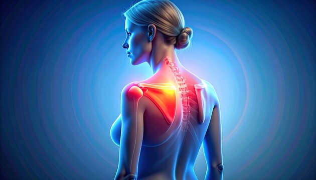 A medical anatomical digital illustration showing the upper body of a person viewed from the back and side, focusing on the shoulder region. The shoulder joint, including the humerus, scapula, and cla