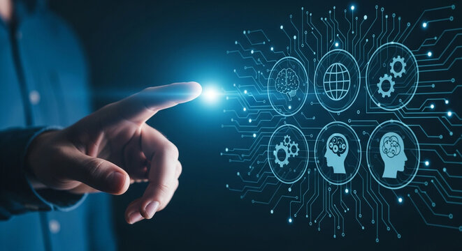 A person interacting with futuristic digital interface with glowing blue circuits and icons representing artificial intelligence and global connection