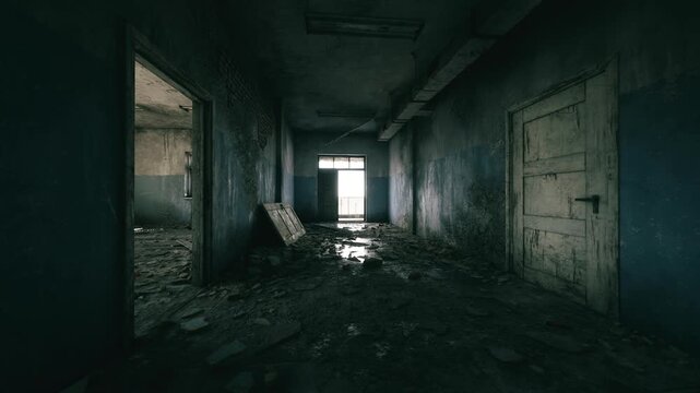 Dust and debris cover the floor of a long, dark corridor in an abandoned building. Natural light filters through a doorway at the far end, illuminating the decay and silence.