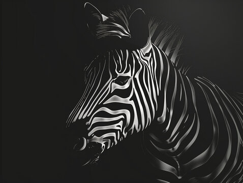 Zebra im dramatischen Low-Key-Stil &ndash; 3D Illustration mit starken Kontrasten und Lichtkanten, modernes Tierportr&auml;t, minimalistisch, elegant, Wildnis, Design, Kunst