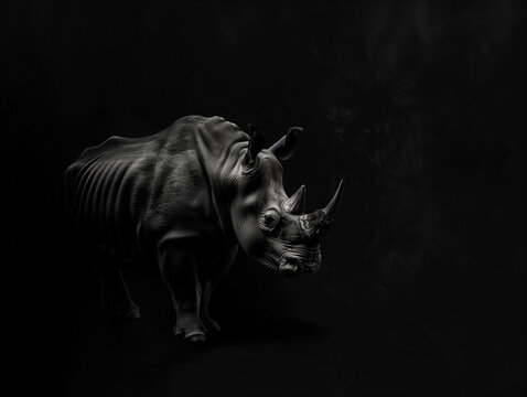 Nashorn im dramatischen Low-Key-Look &ndash; 3D Rendering eines kraftvollen Wildtiers vor schwarzem Hintergrund, Symbol f&uuml;r St&auml;rke, Artenschutz, Natur, Bedrohung, minimalistisch