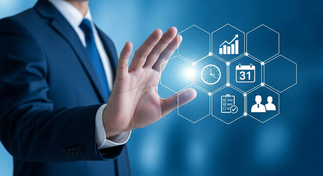 Businessman interacting with digital interface icons for productivity and management