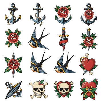 Vintage Tattoo Flash Art: Anchors, Roses, Swallows, Daggers, Hearts, Skulls
