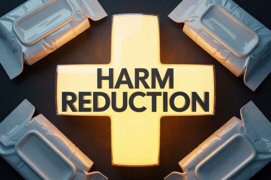 People gather around a table with a harm reduction sign and medical supplies