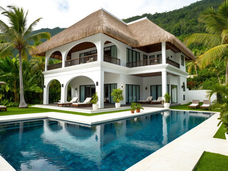 Fototapeta premium Luxurious Villa Retreat Tropical Paradise Real Estate Photography Outdoor Oasis Scenic View Relaxation Concept