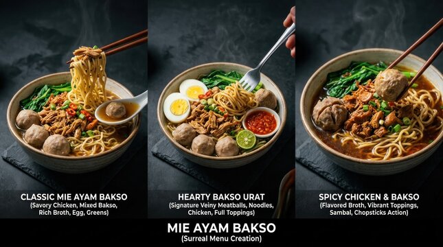 Delicious Indonesian Mie Ayam Bakso Noodles in Bowls.