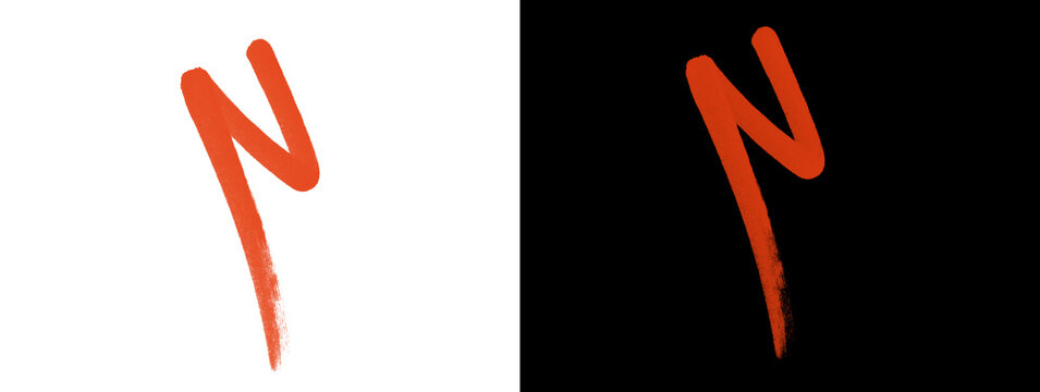 Orange marker bold N angular stroke on split white and black background, hand drawn letter shape