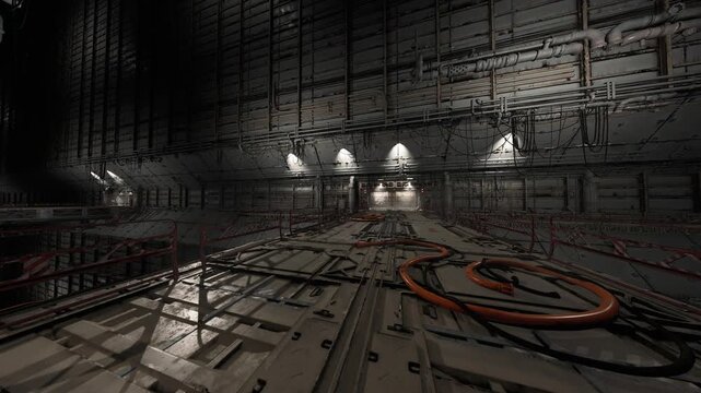 Inside a vast industrial storage facility, dim lighting reveals exposed wiring and heavy equipment. The floor is marked with sections while cables stretch across the space, suggesting maintenance.
