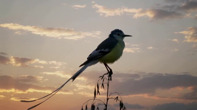 Bird perched on a twig at sunset serene natural scenery