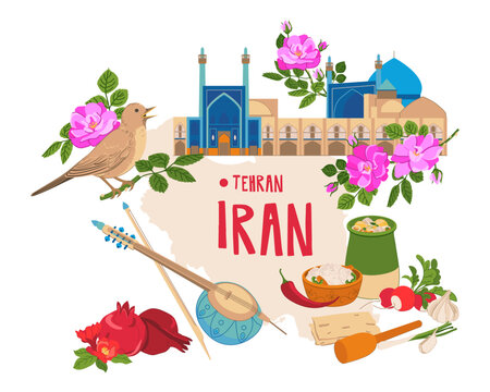 A vector map of Iran with landmarks and Islamic symbols. The Shah Mosque and the national musical instrument Kamancheh. A Persian rose and a nightingale, pomegranate. The traditional dish Dizi.